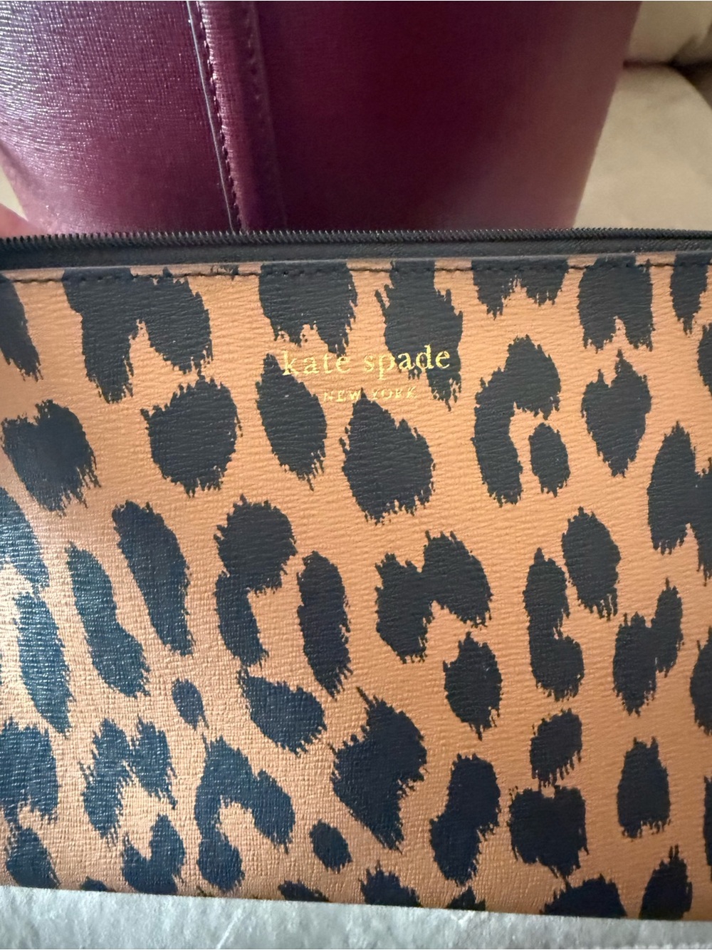 kate spade Burgundy Leather Tote with Leopard Print Wristlet - Picture 11 of 15